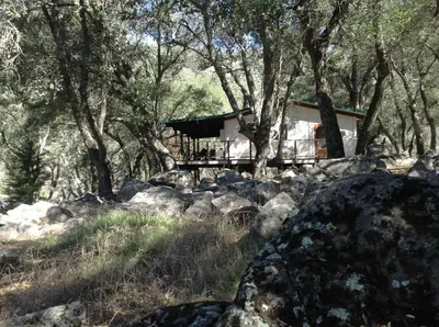 a house in the woods with rocks and trees at Cozy Bell Tent in Palomar Mountains in Pauma Valley