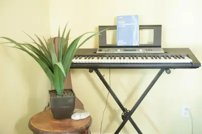a keyboard and a laptop on a stand with a potted plant at Harrison Serenity Ranch - Groups over 50 in Palomar Mountain