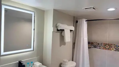 a bathroom with a shower and a toilet and a window at Border Plaza Hotel in San Diego