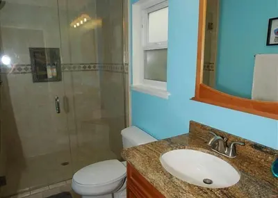 a bathroom with a shower and a toilet and a sink at Get Your Vitamin Sea! Steps to beach! Fire pit! in Newport Beach