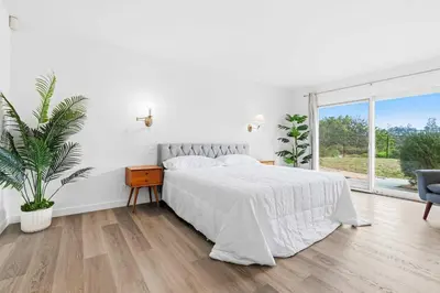 a white bedroom with a bed and a plant at Luxury La Jolla Villa Ocean Views & Private Pool in San Diego