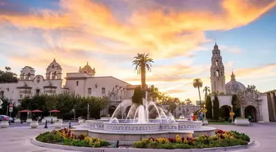 a city with a fountain in front of a building at Travelers Dream Home SDSU Hot Tub Pool Table in San Diego