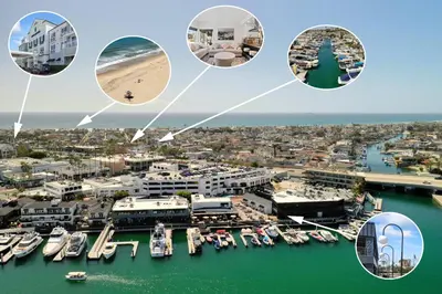 a collage of photos of a harbor with boats at 4 Car Parking Steps 2 Lido Village Marina Phenomenal Location in Newport Beach