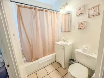 a bathroom with a white toilet and a shower at Orange Grove Cottage in Bankers Hill in San Diego