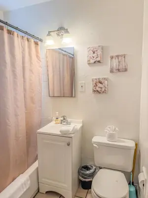 a white bathroom with a toilet and a sink at Orange Grove Cottage in Bankers Hill in San Diego