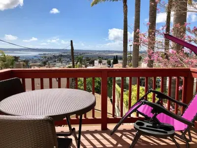 a patio with a table and chairs on a balcony at Great Views Studio apartment near Little Italy in San Diego