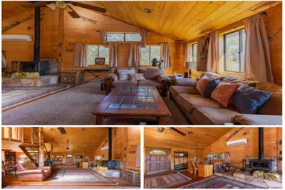 two pictures of a living room in a cabin at Cozy Cabin Hot Tub Sauna Fireplace in Palomar Mountain