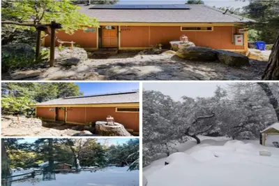 four different pictures of a house in the snow at Cozy Cabin Hot Tub Sauna Fireplace in Palomar Mountain