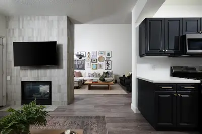 a living room with black cabinets and a fireplace at Newport Coast Bungalow in Newport Beach