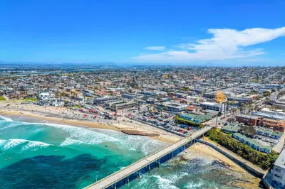 an aerial view of a beach and the ocean at Walk to Ocean Beach Stylish 2BR Apt with Patio in San Diego