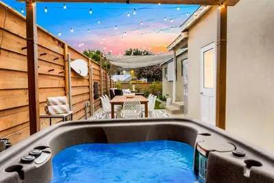 a swimming pool on the patio of a house at Spacious Group Getaway Games BBQ with Free Parking in San Diego