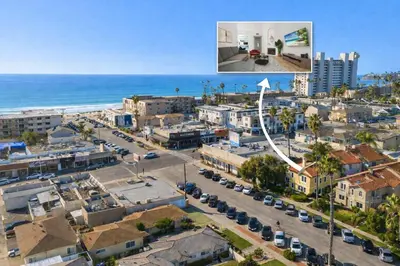 an aerial view of a city and the ocean at Walk to beach Great location Villa in San Diego