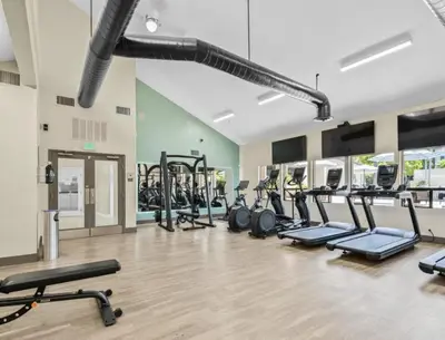 a gym with several treadmills and elliptical machines at Prime Location and Stylish Apartment La Jolla UTC - Gym, Pool, Jacuzzi and Parking Access in San Diego