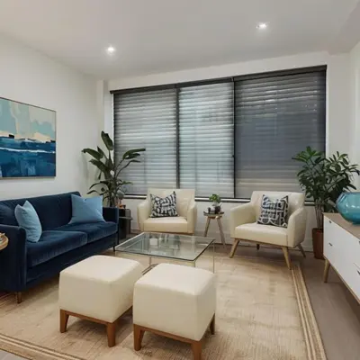 a living room with a blue couch and chairs at Newport Beach Oceanside Stay in Newport Beach