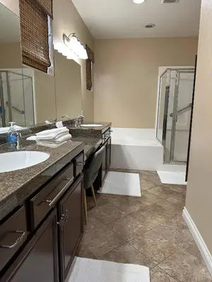 a bathroom with a sink and a shower at Oasis in Southern California for 8 guests in Winchester