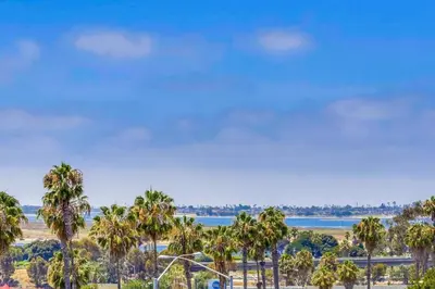 a view of a beach with palm trees at Mission Bay Studio w Ocean Views from Rooftop Deck in San Diego