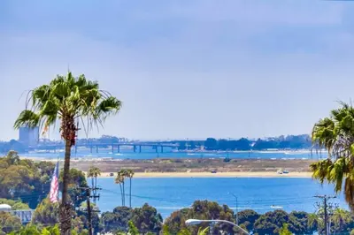 a view of the ocean and a beach with palm trees at Mission Bay Studio w Ocean Views from Rooftop Deck in San Diego