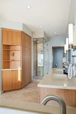 a bathroom with a sink and a shower at Oceanfront at Windansea Luxe 3-Story Home with Views, AC, Garage in San Diego