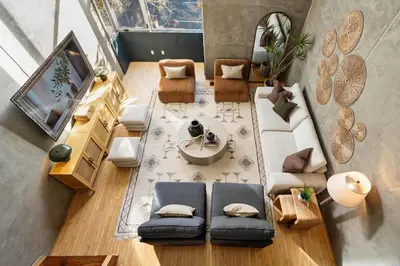 an overhead view of a living room with a couch at Gaslamp Row House - Sleeps 8 Private Garage AC in San Diego