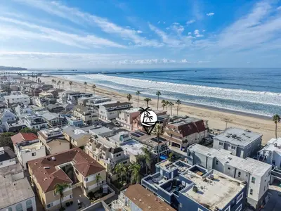 an aerial view of a city and the beach at Oceanview Mission Beach Compound, Balcony, Patio, Fire Pit, BBQ, Steps to Sand in San Diego