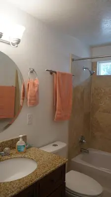 a bathroom with a sink toilet and a shower at Cozy 3-bedroom residential home in Wildomar, CA in Wildomar