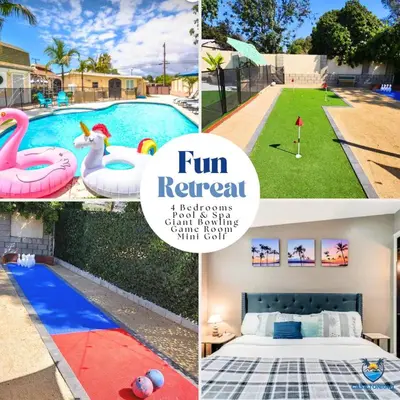 a collage of pictures of a swimming pool with a flamingo inflatable bed at Spacious 4BR w/ Pool, Spa, Mini Golf & Game Lounge in Chula Vista