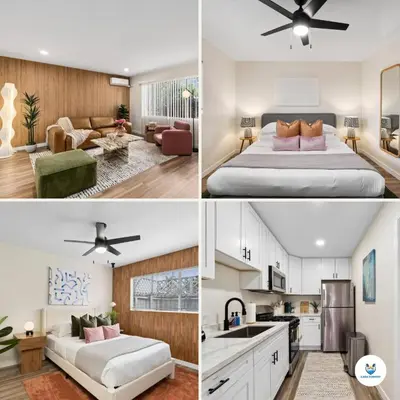 a collage of photos of a bedroom and a living room at Pacific Beach Paradise-Walk to Beach &Bay in San Diego