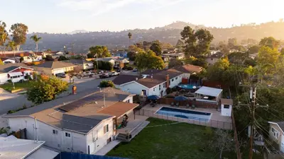 an aerial view of a small town with houses at Pool Oasis Central Villa in El Cajon