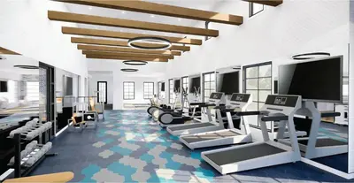 a gym with a bunch of treadmills and machines at Landing Stylish 1BD Yoga Studio Game Room in Murrieta