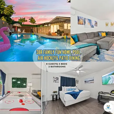 a collage of photos of a house with a swimming pool at 3BR Family Fun Home, Pool, Air Hockey&Patio Dining in Chula Vista