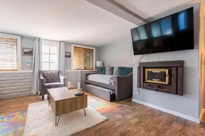 a living room with a couch and a fireplace at Redwing in San Marcos