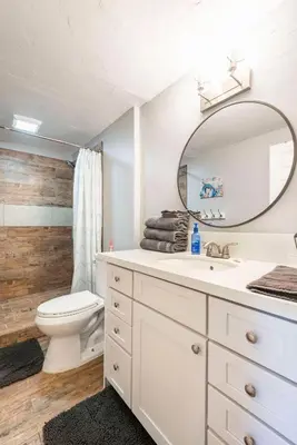a bathroom with a sink and a toilet and a mirror at Redwing in San Marcos