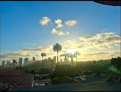a view of a city with palm trees and the sun at The Downtown Carraige Flat in San Diego