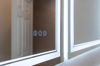 a glass door with three knobs on it next to a mirror at Entire Private Home with 3 Bedrooms 2 Bathrooms, with Garage, Gated Yard, King Bed House, Available Now in El Cajon