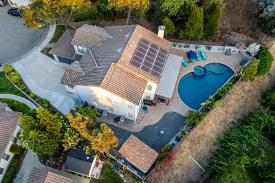 an aerial view of a house with a pool at Entire Private Home with 5 Bedrooms 4 Bathrooms 3000 Sq ft Villa, Pool, Hot Tub, Nature, Garage, Winery, Available Now in Fallbrook