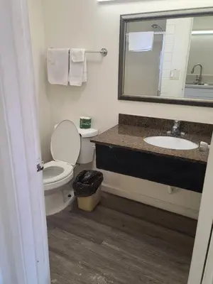 a bathroom with a toilet and a sink and a mirror at Relax Inn And Suites in El Cajon