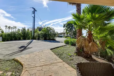 a walkway with palm trees and a street at Private Hilltop Getaway with Patio Dogs Welcome! in Vista