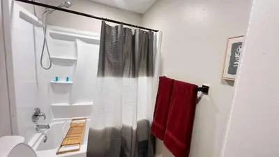 a bathroom with a shower curtain and a sink at 321 W Park El Cajon Back Unit by Sd stay in El Cajon