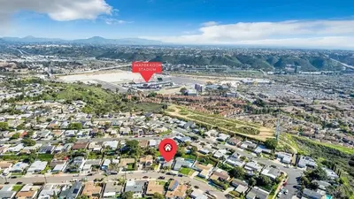 an aerial view of a city with a red sign at Poolside Paradise in Central SD in San Diego