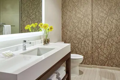 a bathroom with a sink and a toilet and a mirror at Hilton Garden Inn San Diego Mission Valley/Stadium in San Diego