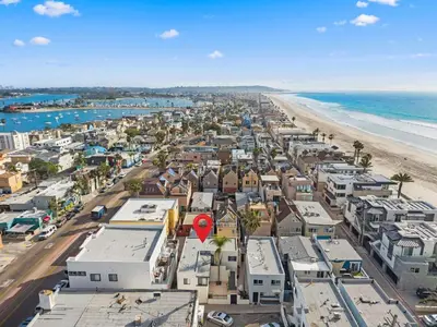 an aerial view of a city and the beach at The Surf Shack by Coastline Vacation Rentals in San Diego