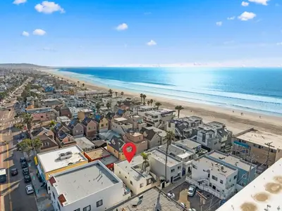 an aerial view of a city and the beach at The Surf Shack by Coastline Vacation Rentals in San Diego