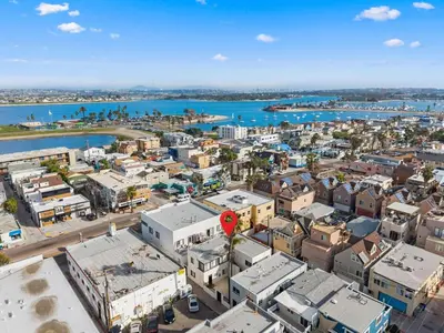 an aerial view of a city with a red marker at The Surf Shack by Coastline Vacation Rentals in San Diego