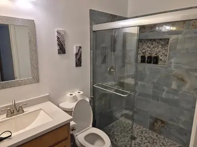 a bathroom with a shower and a toilet and a sink at Amazing Guest House near Monserate Winery with 360 Mountain Views in Fallbrook