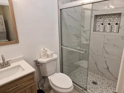 a bathroom with a shower and a toilet and a sink at Amazing Guest House near Monserate Winery with 360 Mountain Views in Fallbrook