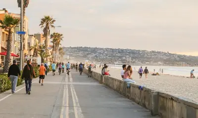 a group of people walking along the beach at Beach Break by Coastline Vacation Rentals in San Diego