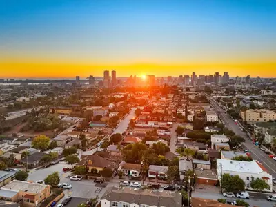 an aerial view of a city at sunset at The Ruby Door by Coastline Vacation Rentals in San Diego