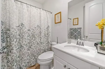 a bathroom with a toilet and a sink and a shower curtain at 430 Large home sleeps 10 in Fallbrook