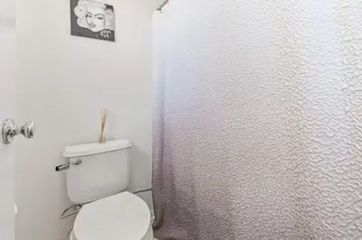 a bathroom with a toilet and a shower curtain at 430 Large home sleeps 10 in Fallbrook