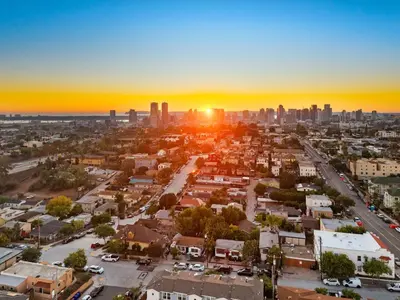 an aerial view of a city at sunset at The Treehouse by Coastline Vacation Rentals in San Diego